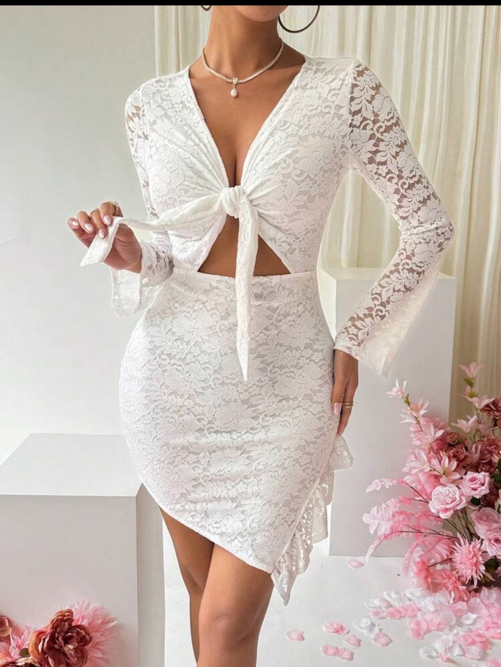 White Lace Tie-Front Cutout Mini Dress